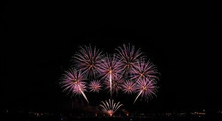 Pink fireworks explode in a spectacular display against a dark night sky.