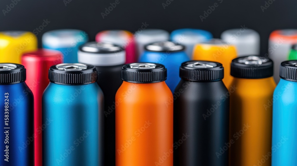 Poster colorful bottles arranged in a row on a dark background for creative use