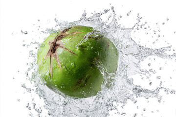Coconut water splashing out of a fresh green coconut isolated on white background