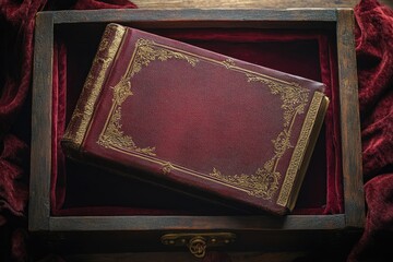 Fototapeta premium A beautifully ornamented, antique book resting in a dark wooden box with velvet lining.