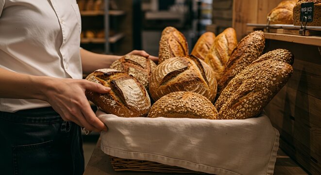 Person holding a basket of diverse, freshly baked artisanal bread loaves in a rustic bakery. - Powered by Adobe