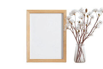 Empty wooden frame on white background, mockup, minimalist