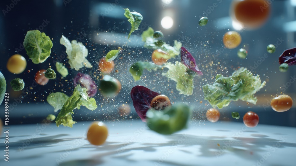 Poster salad ingredients float in a futuristic setting with vibrant colors and a clean background