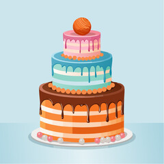 Three-tier colorful cake with bow, candy, and bright fondant in polka dot and stripe pattern. Fun and festive design on white background, ideal for birthday or party themes.