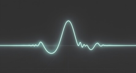 Fototapeta premium Abstract neon-glowing waveform pulse against a dark background featuring a horizontal line with a central peak and oscillating sections visualizing audio or data.