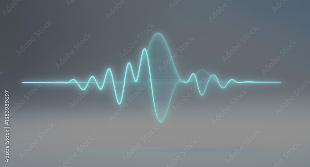 Poster abstract neon turquoise waveform against a blurred gradient background symbolizing sound or data vis