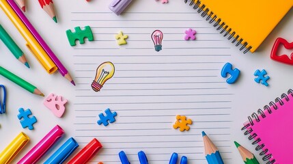 Colorful stationery and creative supplies arranged on a blank notebook for artistic inspiration at a home workspace