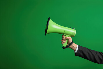 Hand gripping vibrant green megaphone firmly on green background. Bold, bright color combination creates dynamic energy. Attention-grabbing communication tool for loud public message. Green device