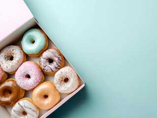 Donuts with Various Glazes Arranged in a Pink Box Against a Light Blue Background