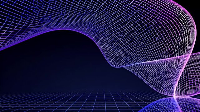 seamless 3D animation of flowing neon wave mesh in glowing colors against black background representing sound visualization futuristic data transmission or modern audio equalizer with technology