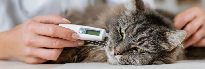 Vet Measures Temperature of Relaxed Gray Cat With Digital Thermometer During Routine Checkup in Veterinary Clinic