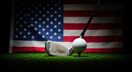 Golf ball on a tee with a golf club, set against an American flag backdrop, on green grass.
