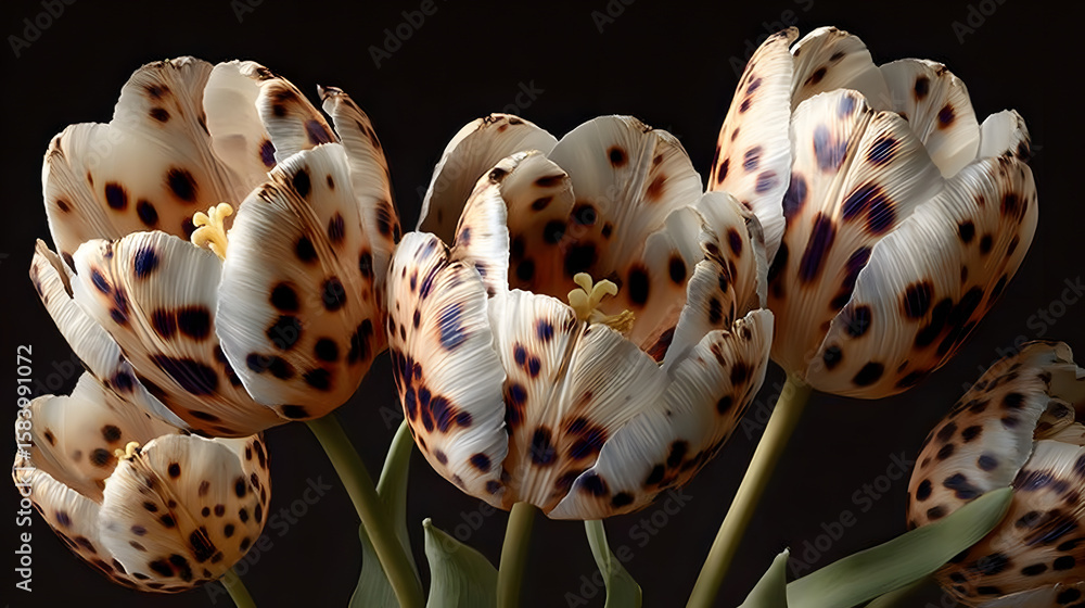 Poster leopard print tulips in hyper-real botanical studio close-up