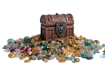 Pile of treasure and treasure chest on a white background