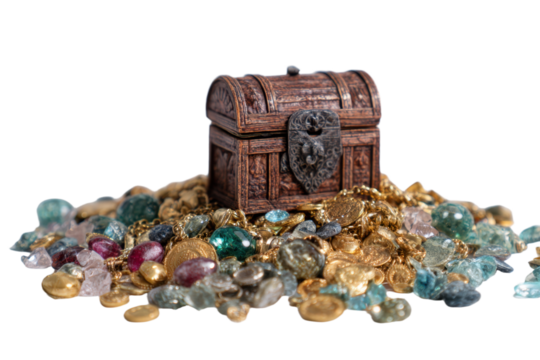 Pile of treasure and treasure chest on a white background