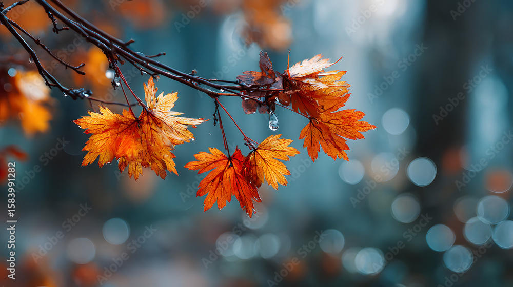 Poster border of orange maple leaves on a branch with bokeh in the background, autumn vibes