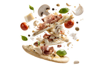 Flying ingredients with pizza dough on a white background with shadow