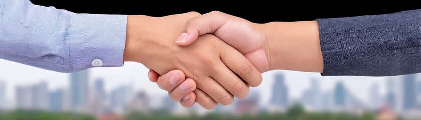 A corporate agreement concept, business people shaking hands in partnership deal with urban background, for Advertise, for banner, with copy space