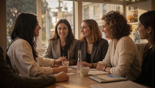 Four women share stories of resilience in fields, pro success, leadership, motivation, empowerment. Diversity, progress on table with white cloth, flowers. Casual meetup, relaxed atmosphere.