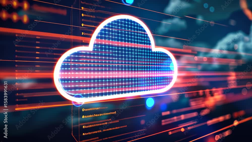 Poster cloud computing visualization: a vibrant digital depiction showcases a luminous cloud, symbolizing d