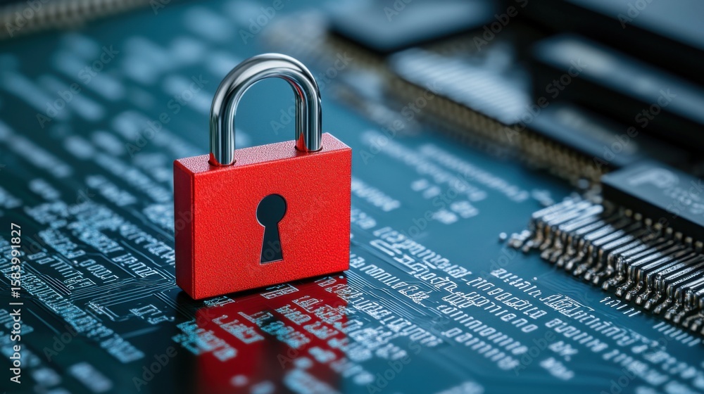 Poster red padlock on circuit board representing digital security and protection