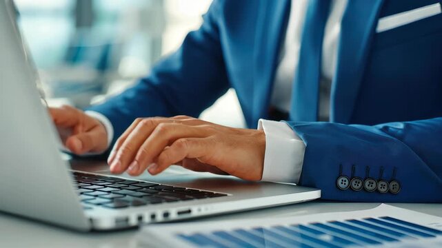 Business Professional at Work: A focused professional in a tailored blue suit meticulously navigates a laptop keyboard.