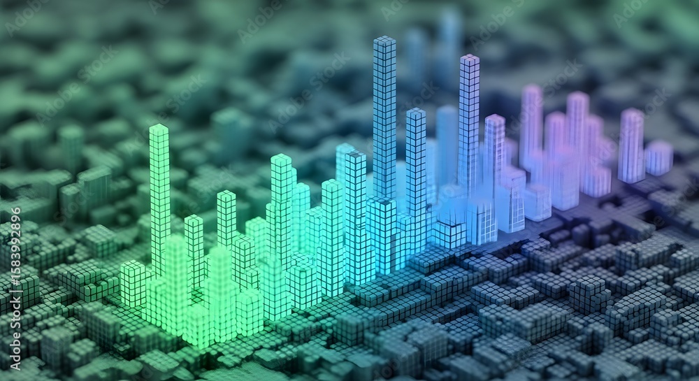 Poster abstract cityscape with pixelated structures displaying a gradient of green blue and purple hues. th