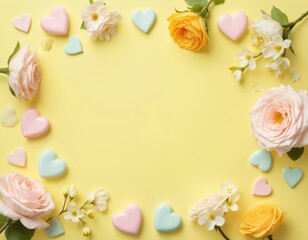 Obraz premium Cheerful bouquet of pink, yellow, white flowers surrounded by hearts in pink, blue, green colors. Pristine white background highlights flowers, hearts arrangement. Romantic springtime flat lay design.