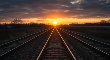 Fototapeta premium Parallel railroad tracks stretch towards a vibrant sunset, illuminating the horizon.