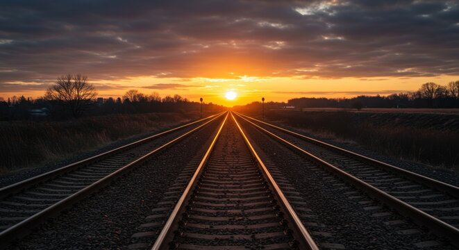 Parallel railroad tracks stretch towards a vibrant sunset, illuminating the horizon.