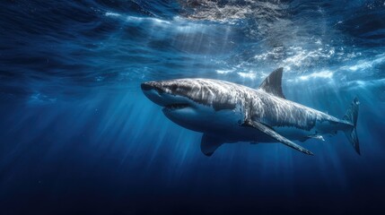 Fototapeta premium Great white shark in ocean depths