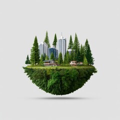An eco planet concept, 3D illustration of globe covered in forest, trees, and buildings, for Advertise, for banner, with copy space