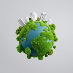 An eco planet concept, 3D illustration of globe covered in forest, trees, and buildings, for Advertise, for banner, with copy space