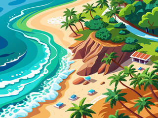 vector of Aerial view of sandy beach and ocean with blue sea waves