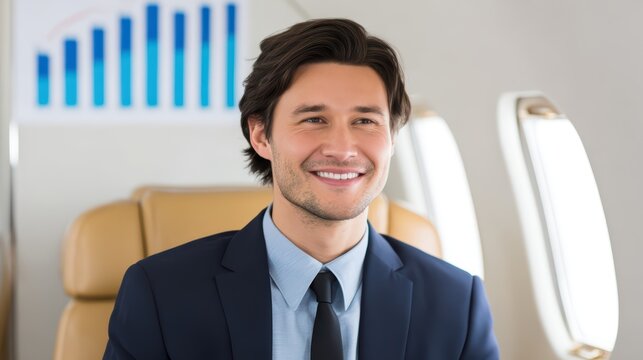 Close up A financial success concept, businessman smiling with analytics chart on private jet, for Advertise, for banner, with copy space