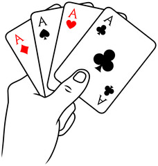 Hand holding four aces in line art vector style. Minimalist black and white illustration, perfect for card games, icons, or graphic design projects.