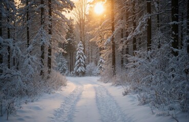 Snowy winter landscape with winding path through forest. Snow covered ground stretches to distant trees under golden sunset glow. Soft light casts gentle shadows, creating serene atmosphere.