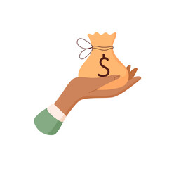 Hand holding money sack sticker. Gesture of giving cash in palm. Financial concept, flat style, potential for business and economy applications.