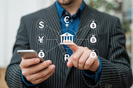 Businessman using smartphone to interact with digital banking services and various currency symbols connected to a central bank icon