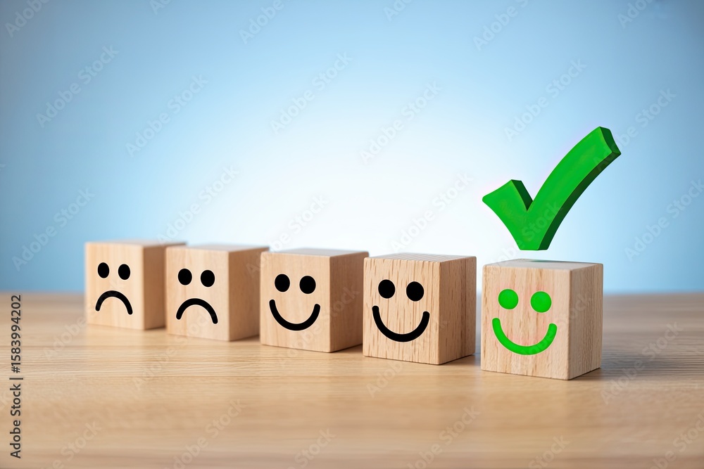 Poster customer satisfaction survey results shown with wooden blocks displaying happy and sad faces with a 