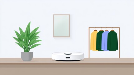 Friendly home robot vacuuming and organizing, modern interior background, tech lifestyle innovation, technology concept, for Advertise, for banner, with copy space