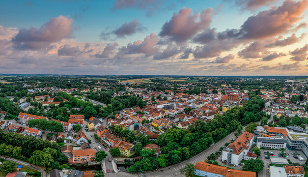 Aerial view of Erding, medieval town center in Bavaria Germany, colorful sunset sky