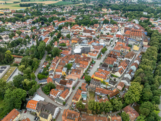 Aerial view of Erding, medieval town center in Bavaria Germany, traditional houses on main street,Gothic Parish