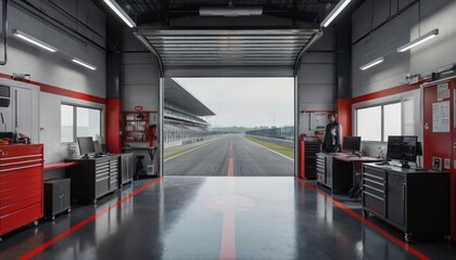Modern garage interior with sleek, modern design. Red-accented equipment, black car dominate space. Tool chest, cabinets, large window add to ambiance. Dark gray floor provides striking backdrop.