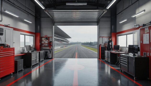 Modern garage interior with sleek, modern design. Red-accented equipment, black car dominate space. Tool chest, cabinets, large window add to ambiance. Dark gray floor provides striking backdrop. - Powered by Adobe