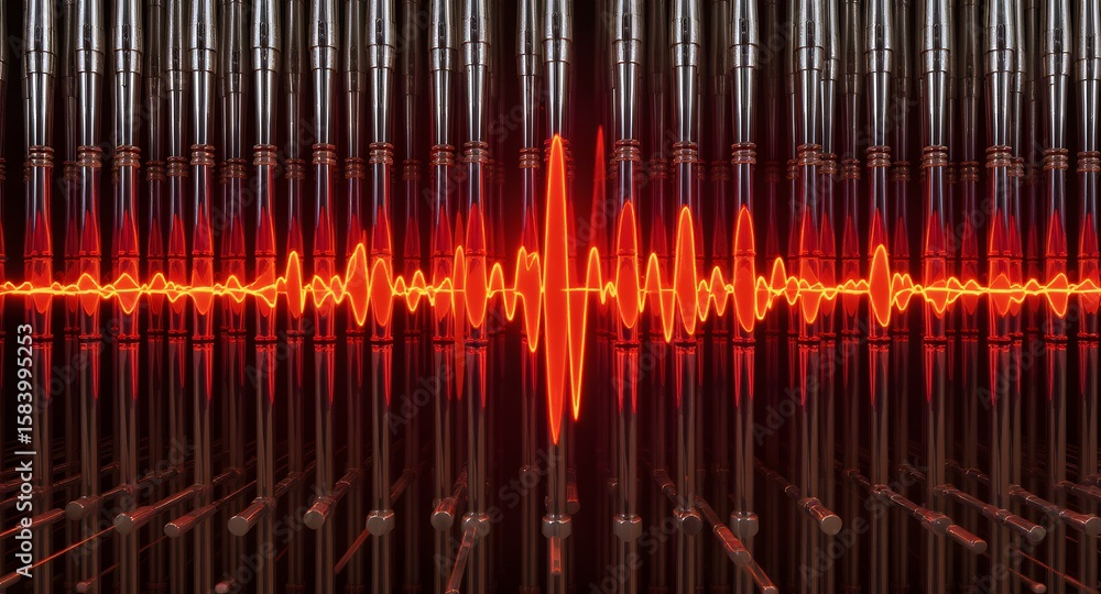 Aufkleber abstract representation of sound waves illuminated in vibrant red with vertical metallic tubes creat