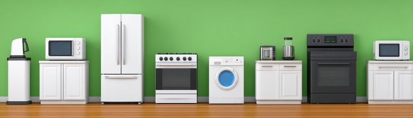 Set of household appliances with energy star label, smart energy use interior, soft shadow composition, energy saving concept, for Advertise, for banner, with copy space