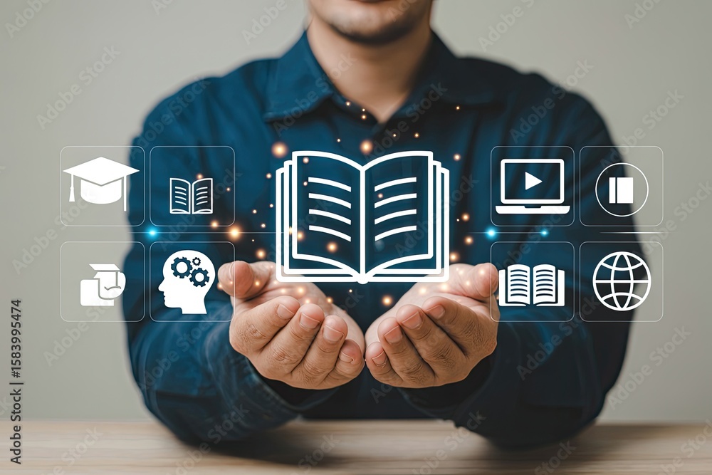 Poster man holding open book icon surrounded by education and learning related icons symbolizing digital kn