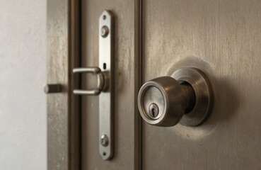 Silver door handle with two keyholes. One keyhole larger than. Gray door frame made of shiny metallic material. Door ajar indicating someone at side. Modern home security system design.