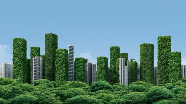 Vertical gardens on skyscrapers concept, Tall buildings covered with lush vertical greenery against clear sky in sustainable urban design, for Advertise, for banner, with copy space - Powered by Adobe